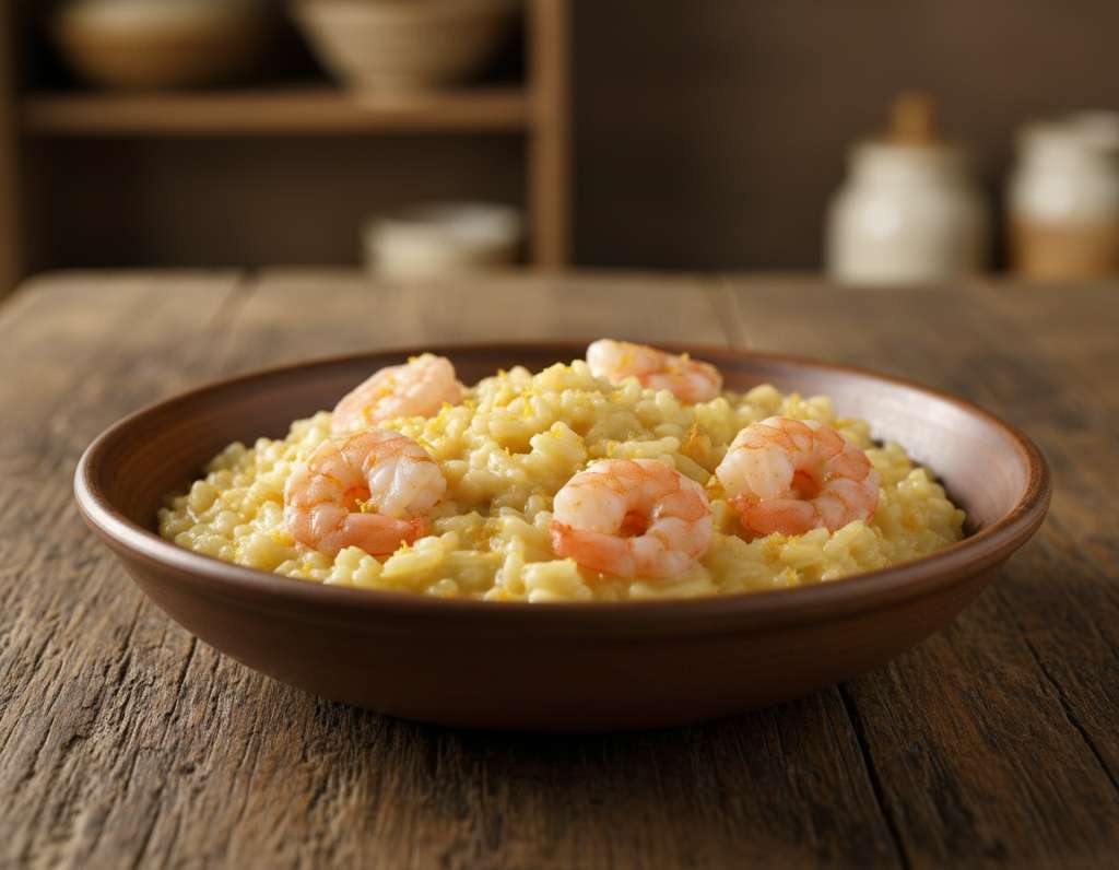 risotto agrumi gamberi tavolo legno