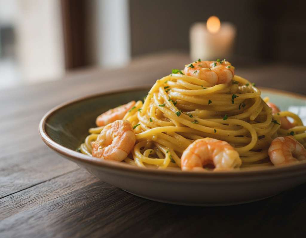 spaghetti ceci gamberetti cremosi